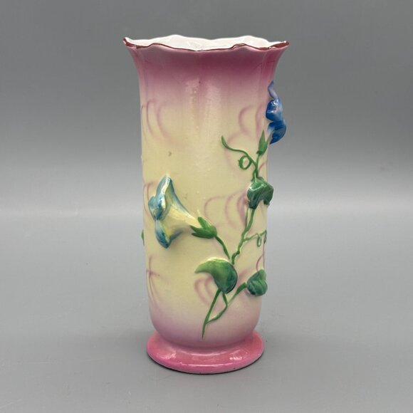 Antique 1920's Trico Nayoga Japan Hand Painted Orange Vase w Flowers 7” Set of 2 - Picture 5 of 8